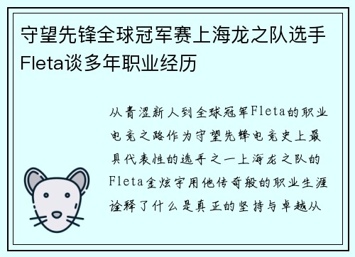 守望先锋全球冠军赛上海龙之队选手Fleta谈多年职业经历