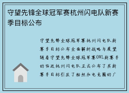 守望先锋全球冠军赛杭州闪电队新赛季目标公布