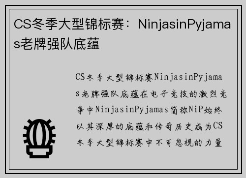 CS冬季大型锦标赛：NinjasinPyjamas老牌强队底蕴