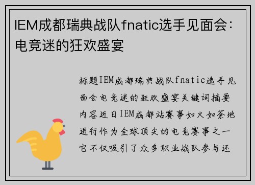 IEM成都瑞典战队fnatic选手见面会：电竞迷的狂欢盛宴
