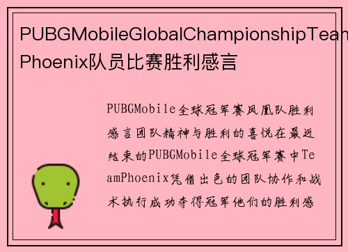 PUBGMobileGlobalChampionshipTeamPhoenix队员比赛胜利感言